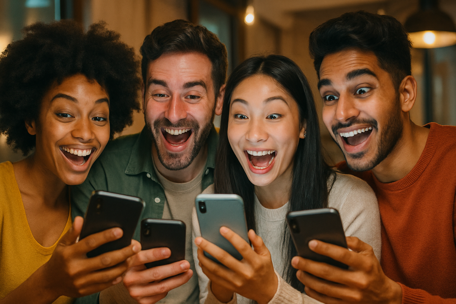 Personen schauen begeistert auf handy